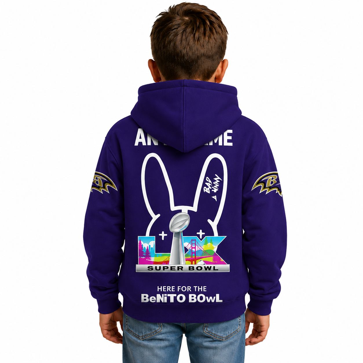 Personalized Bad Bunny Bowl LX Themed Baltimore Ravens Football Fan Hoodie For Kids