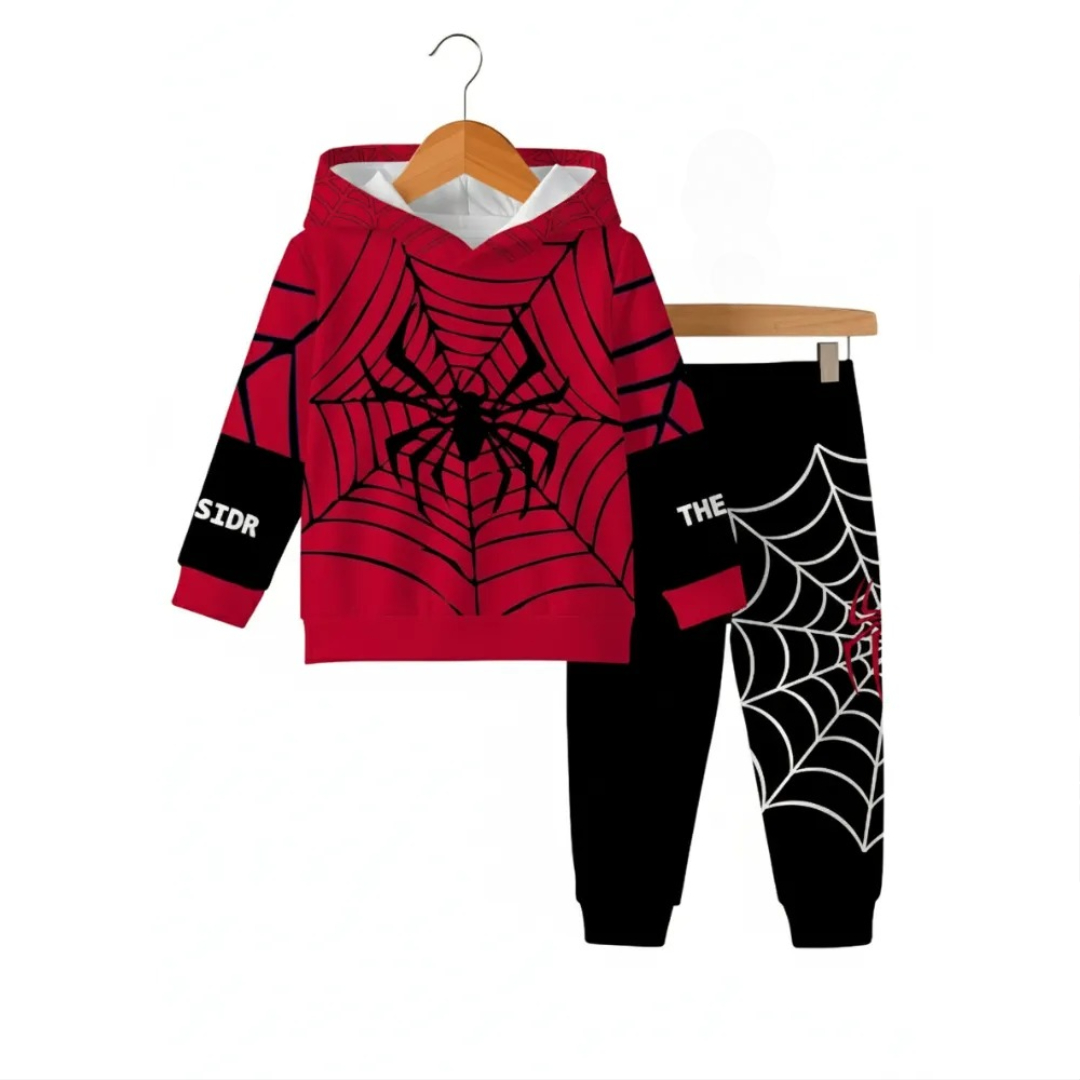 Spider Print Hooded Sweatshirt And Pants Set For Boys