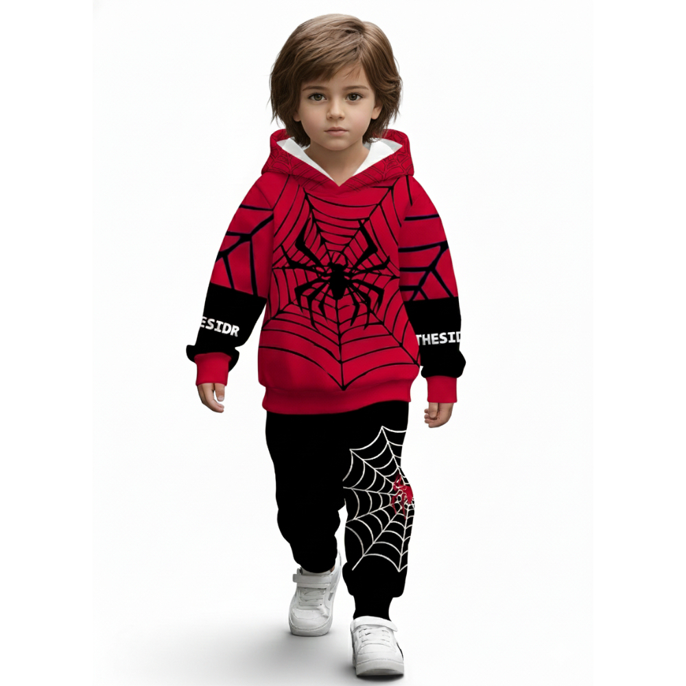 Spider Print Hooded Sweatshirt And Pants Set For Boys