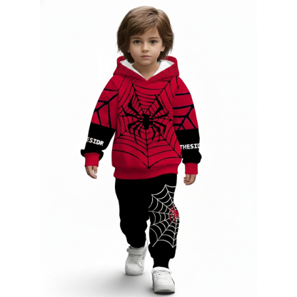 Spider Print Hooded Sweatshirt And Pants Set For Boys