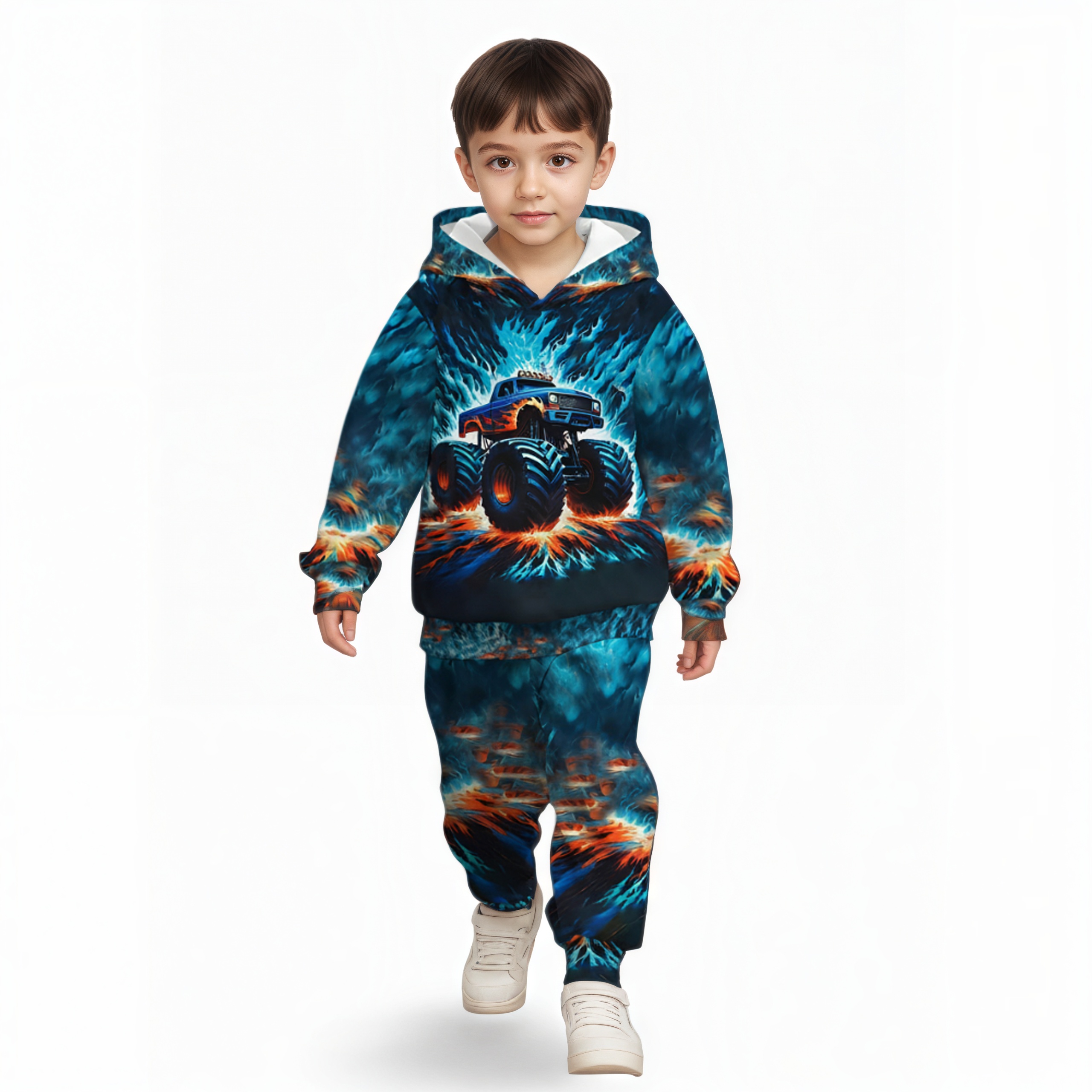 Flame Car Printed Hooded Sweatshirt And Pants Set For Boys