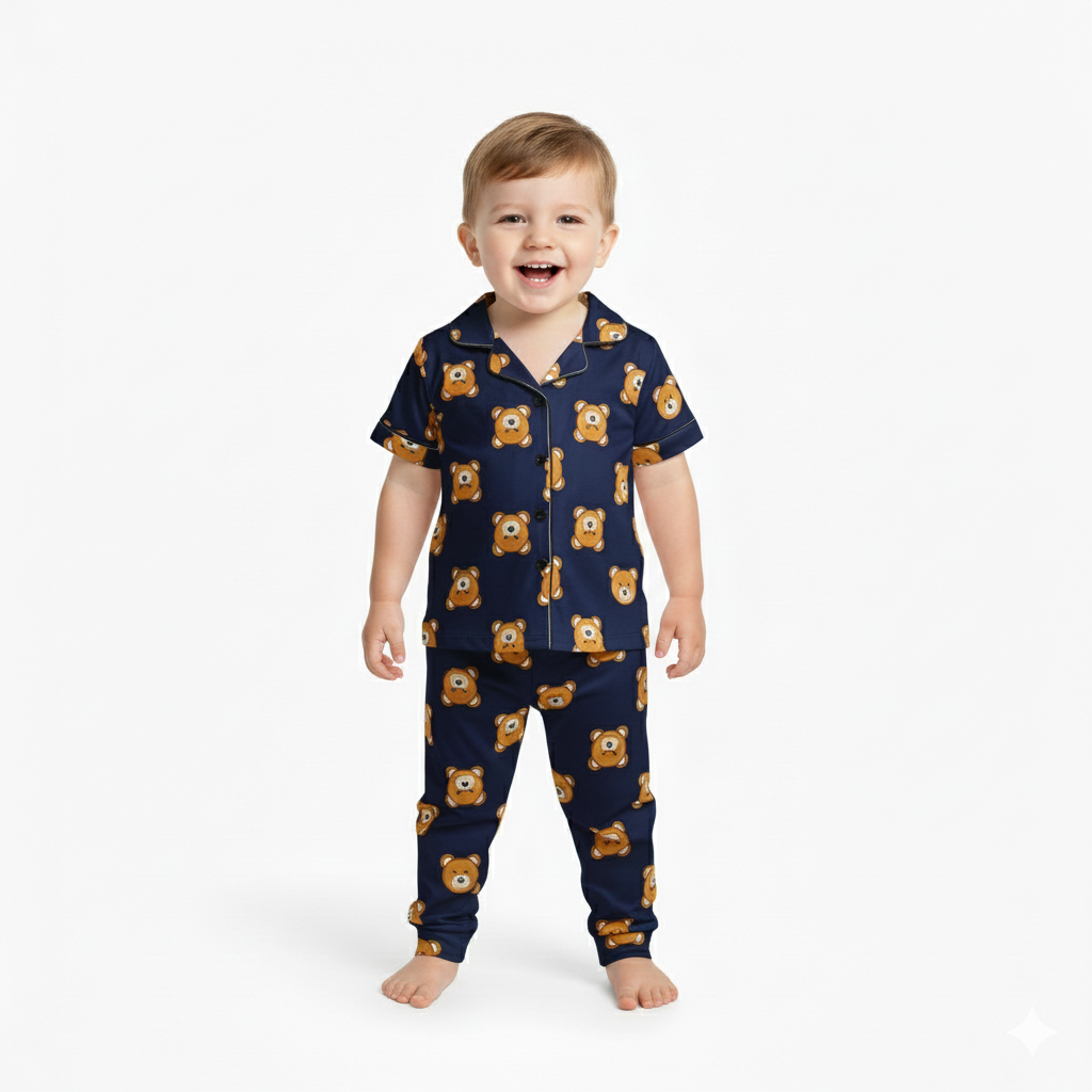Cartoon Bear Print Casual Pajama Set For Boys
