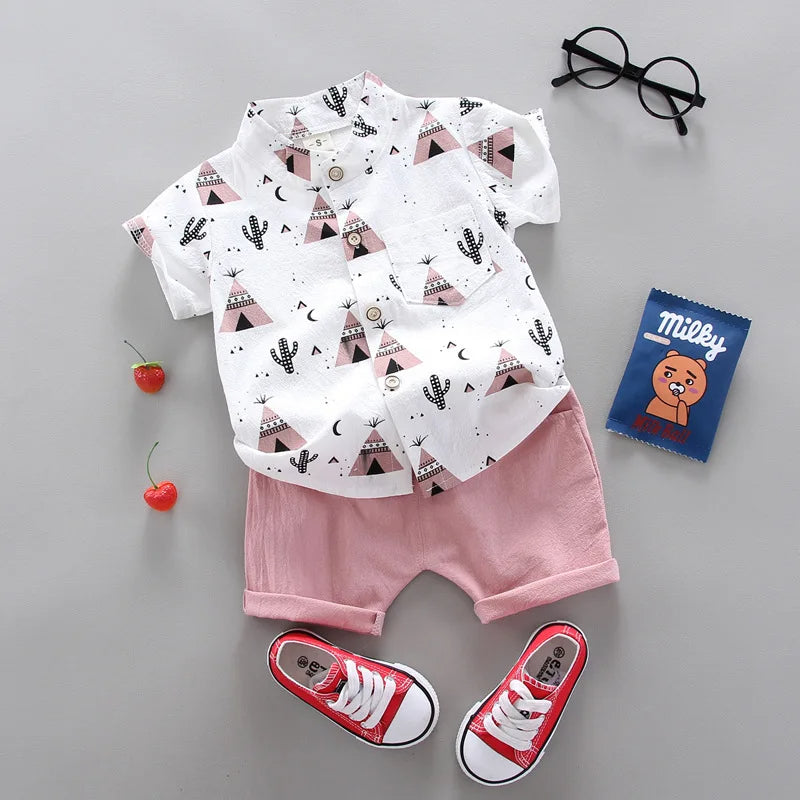 Printed Short Sleeve Shirt And Shorts Set-Cozy Stroller