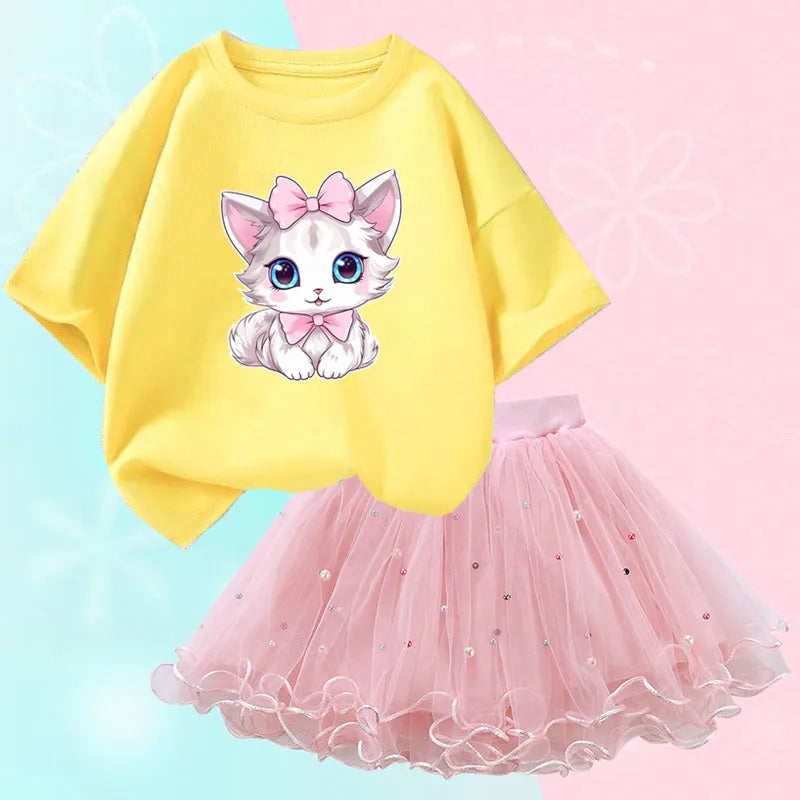 Sunlit Kitten Graphic Tee And Sparkle Skirt Set-Cozy Stroller