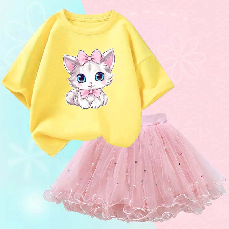 Sunlit Kitten Graphic Tee And Sparkle Skirt Set-Cozy Stroller