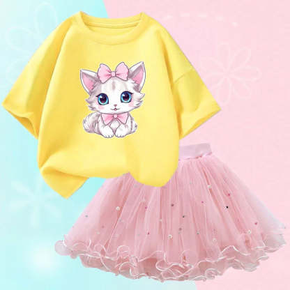 Sunlit Kitten Graphic Tee And Sparkle Skirt Set-Cozy Stroller