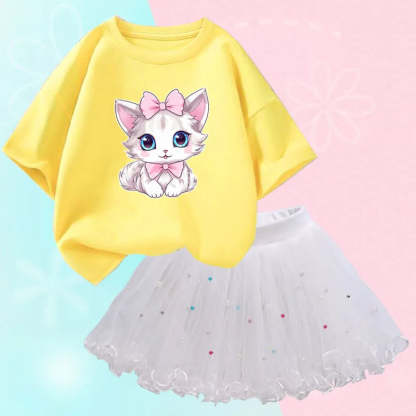 Sunlit Kitten Graphic Tee And Sparkle Skirt Set-Cozy Stroller