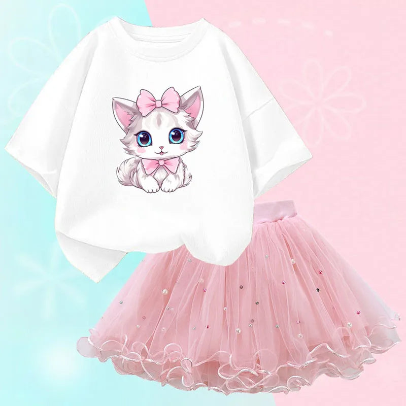 Kitten Graphic Tee And Sequined Mesh Skirt Set-Cozy Stroller