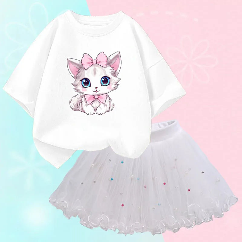 Kitten Graphic Tee And Sequined Mesh Skirt Set-Cozy Stroller