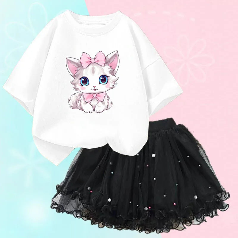 Kitten Graphic Tee And Sequined Mesh Skirt Set-Cozy Stroller