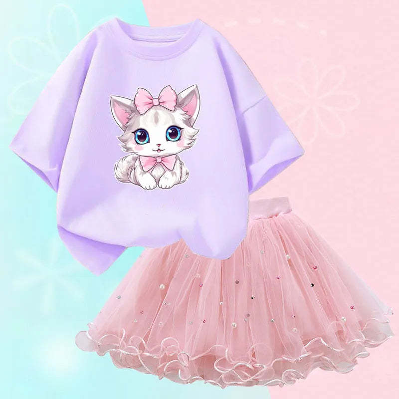 Lilac Feline Graphic Sweatshirt And Sparkle Skirt Set-Cozy Stroller