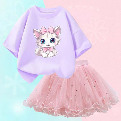 Lilac Feline Graphic Sweatshirt And Sparkle Skirt Set-Cozy Stroller
