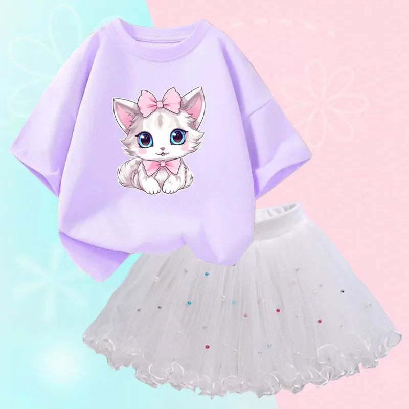 Lilac Feline Graphic Sweatshirt And Sparkle Skirt Set-Cozy Stroller