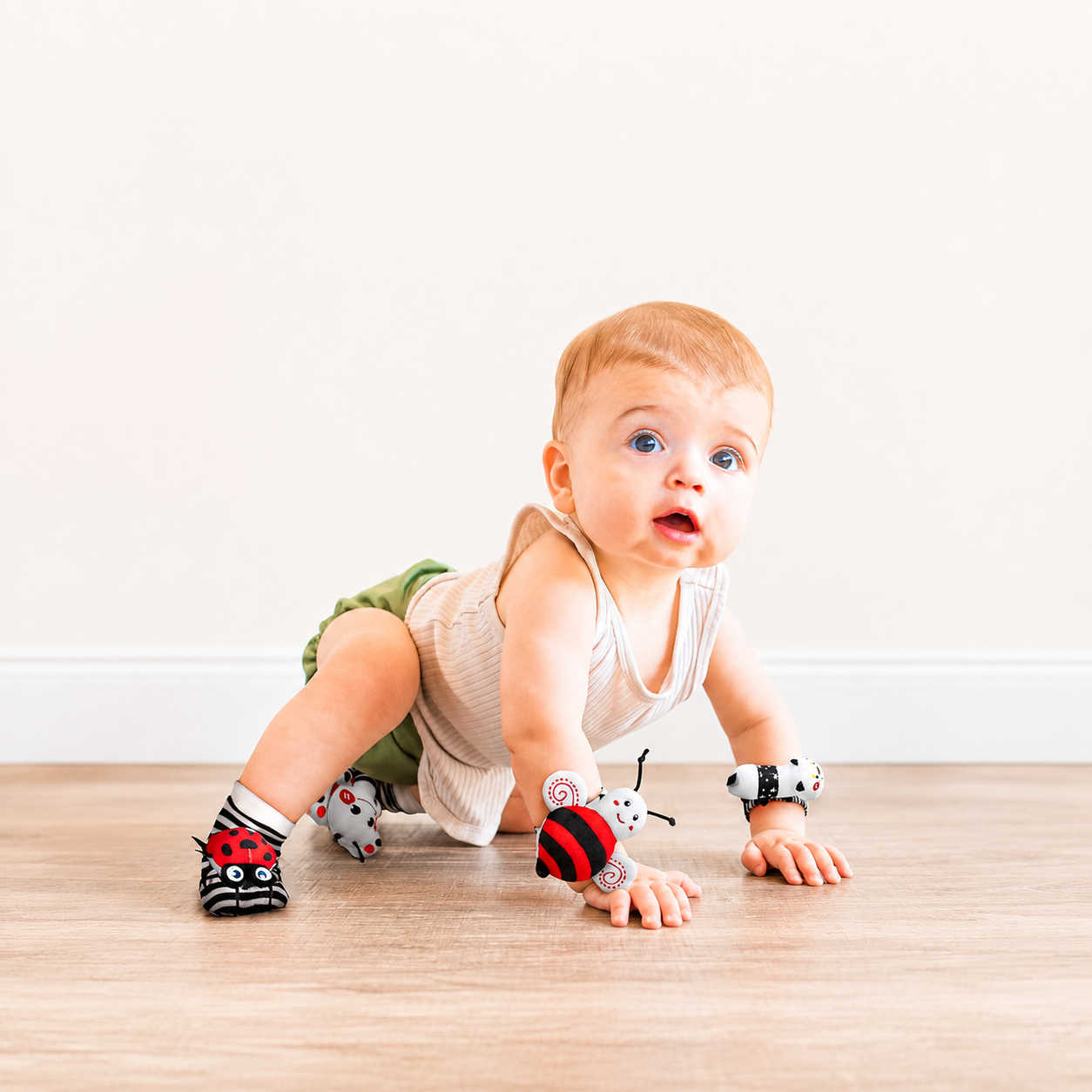 Garden Bug Characters Themed Wrist Rattles and Foot Finder Socks Set