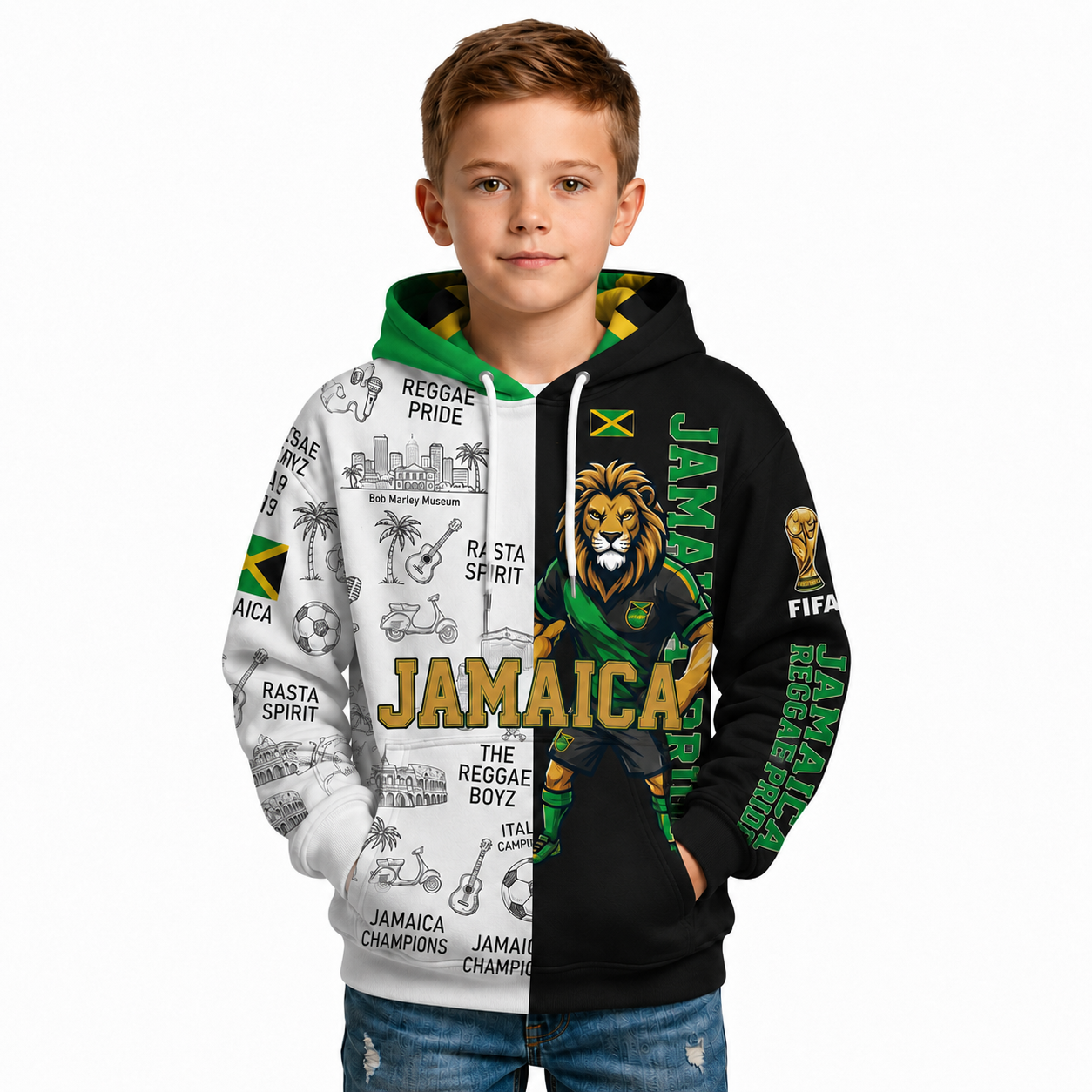 FIFA 2026 Jamaica Football Themed All Over Printed Hoodie For Kids
