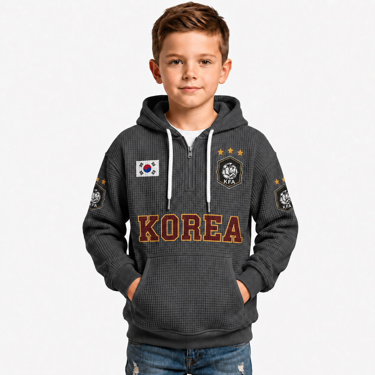 South Korea Printed Waffle Quarter Zip Football Fan Hoodie For Kids