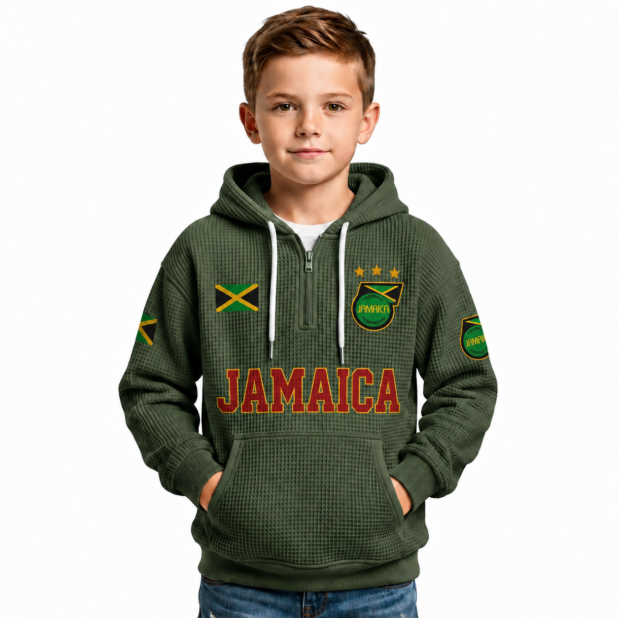 Jamaica Printed Waffle Quarter Zip Football Fan Hoodie For Kids