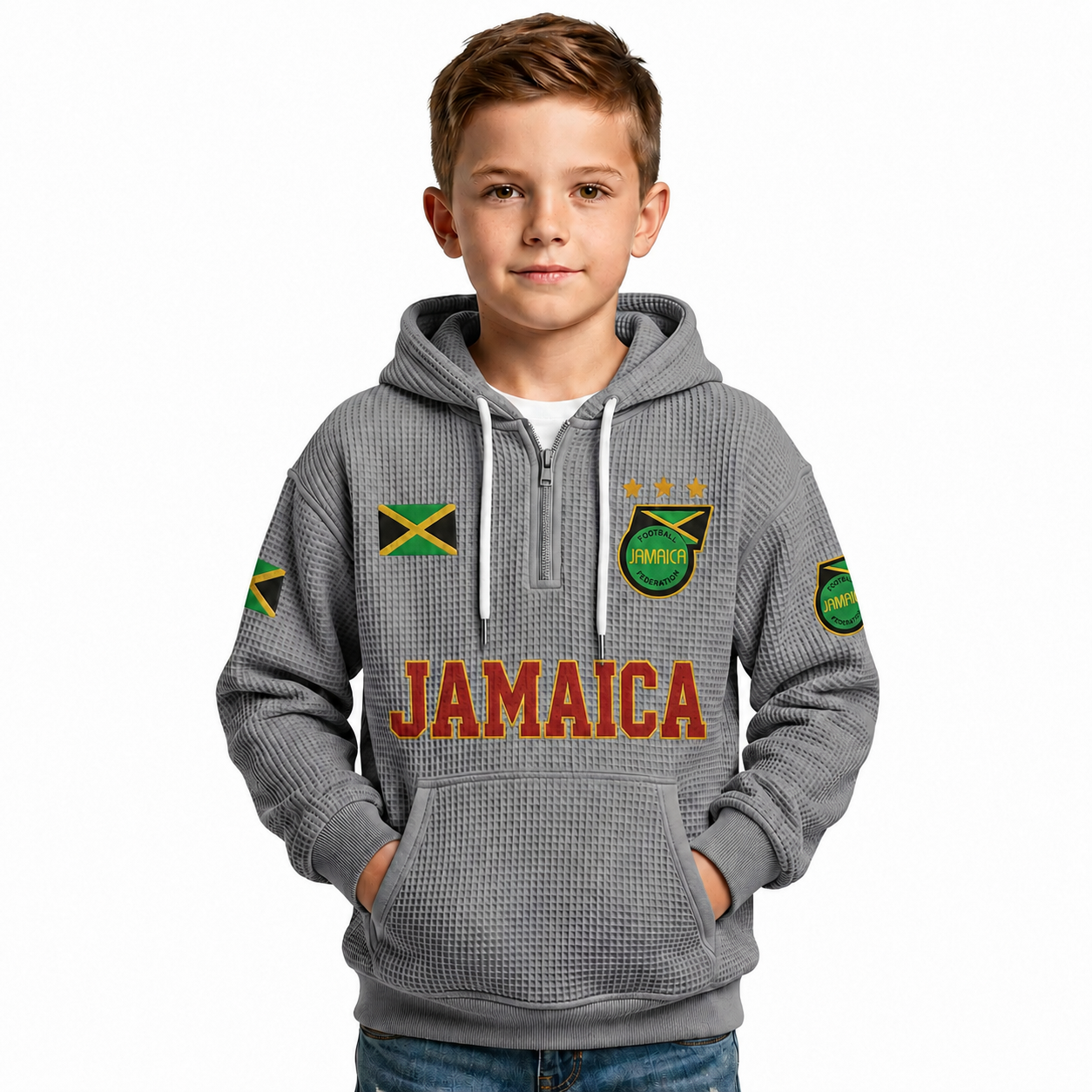 Jamaica Printed Waffle Quarter Zip Football Fan Hoodie For Kids