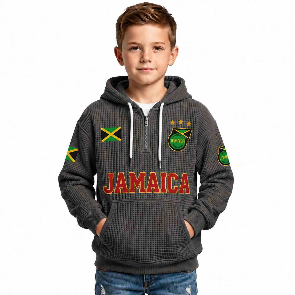 Jamaica Printed Waffle Quarter Zip Football Fan Hoodie For Kids