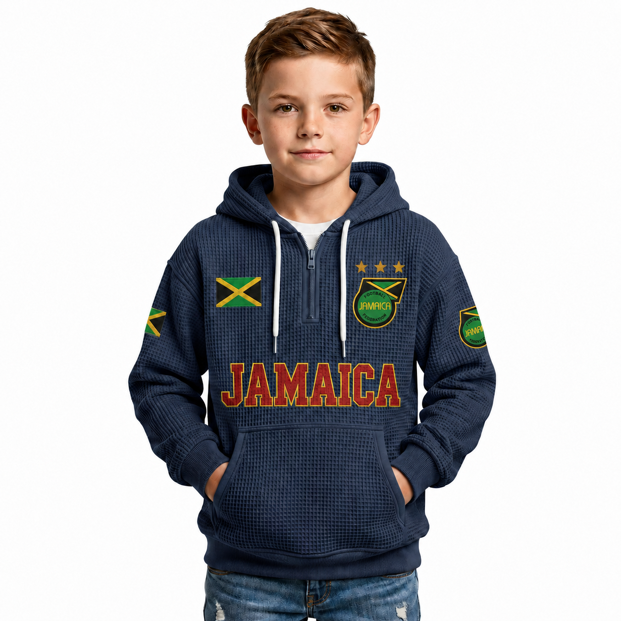 Jamaica Printed Waffle Quarter Zip Football Fan Hoodie For Kids