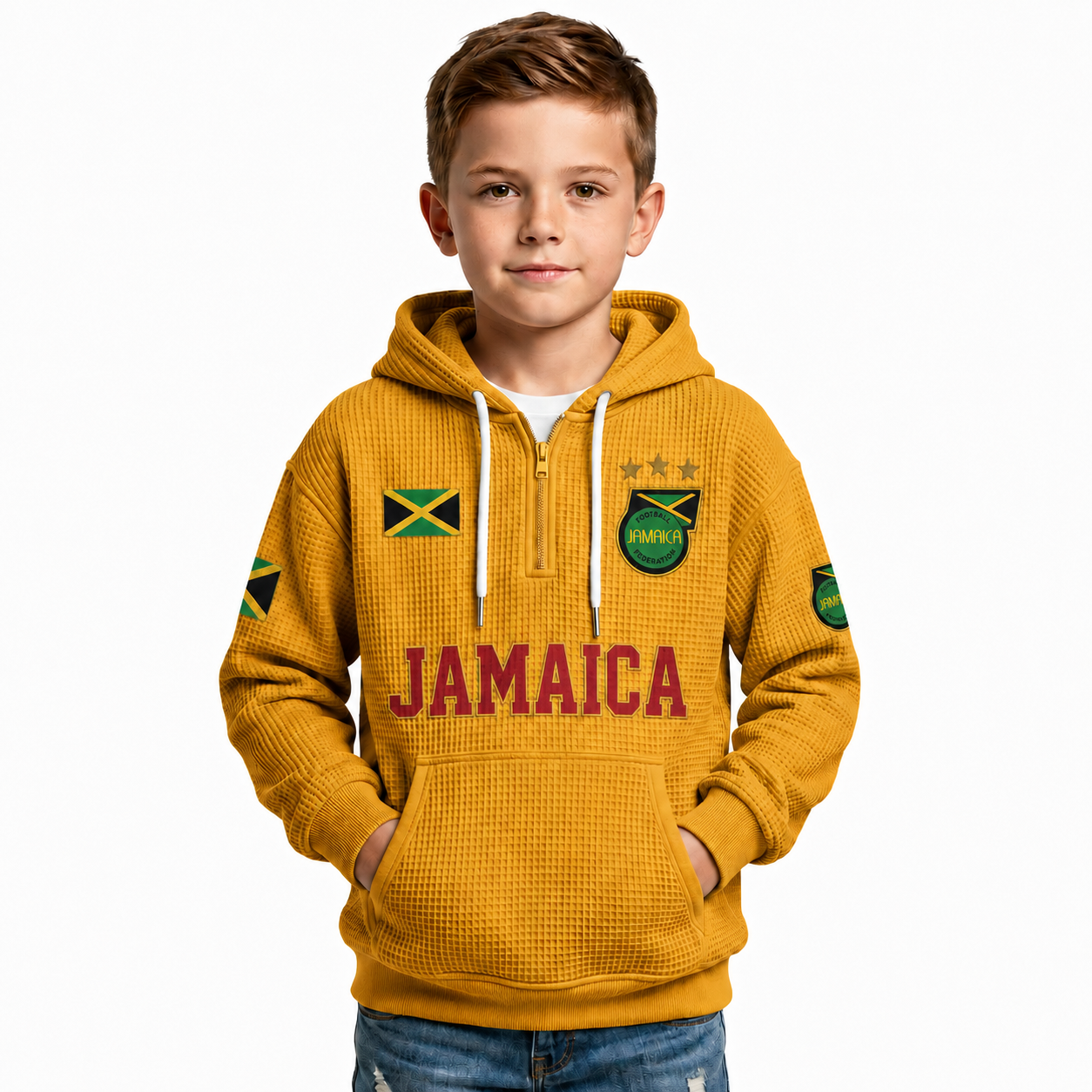 Jamaica Printed Waffle Quarter Zip Football Fan Hoodie For Kids