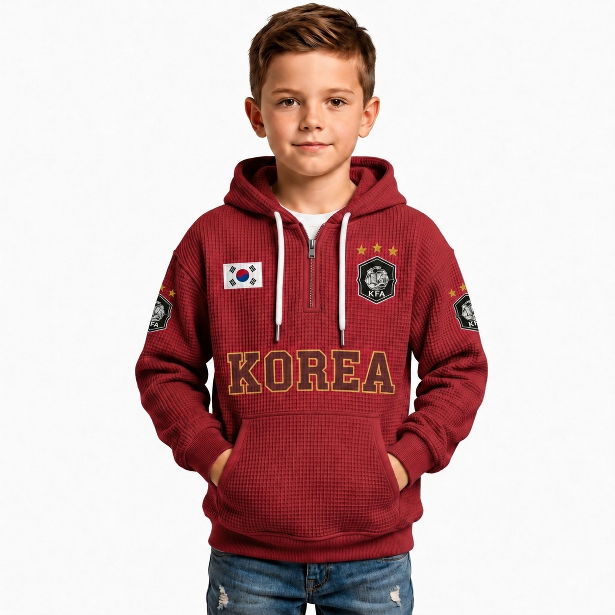 South Korea Printed Waffle Quarter Zip Football Fan Hoodie For Kids
