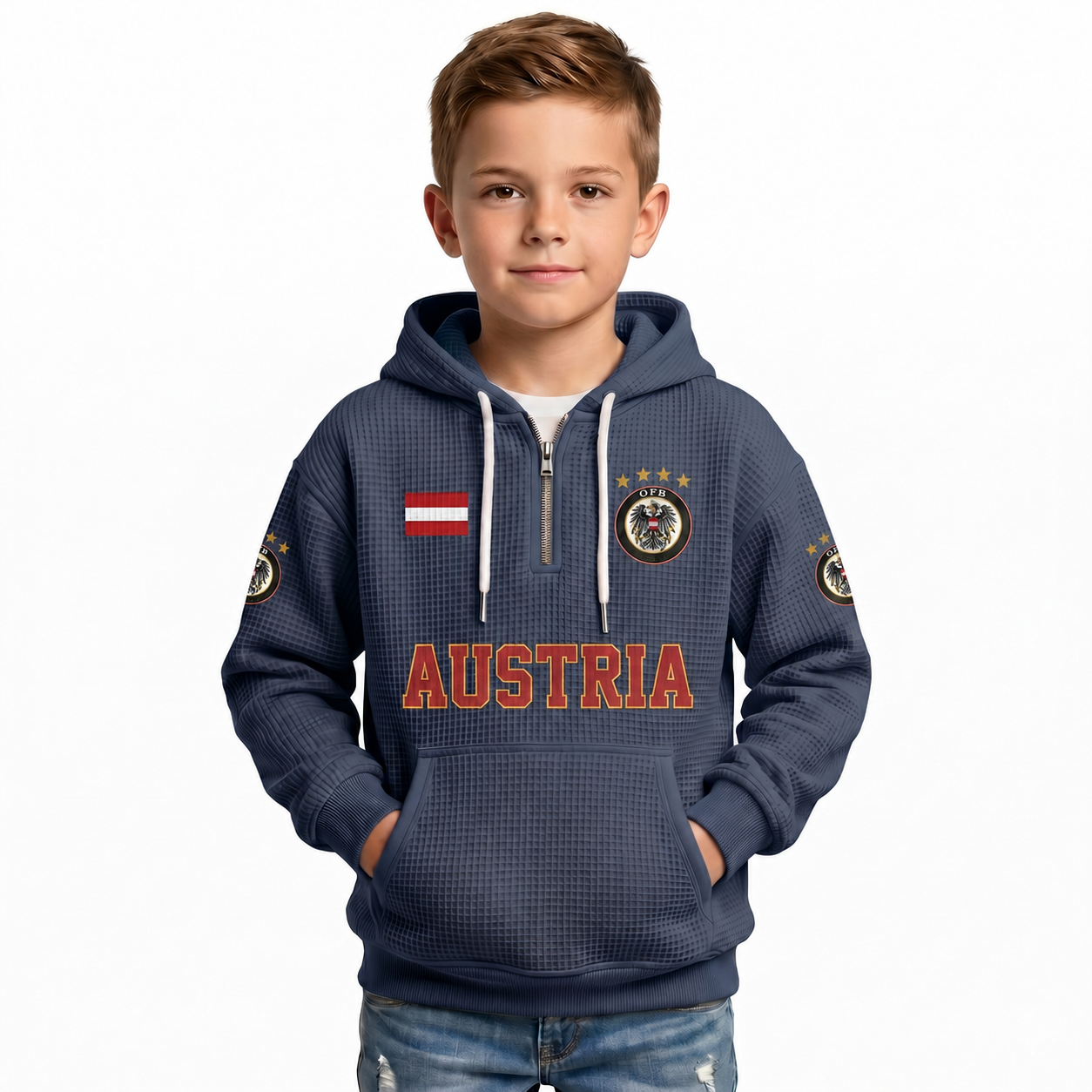 Austria Printed Waffle Quarter Zip Football Fan Hoodie For Kids