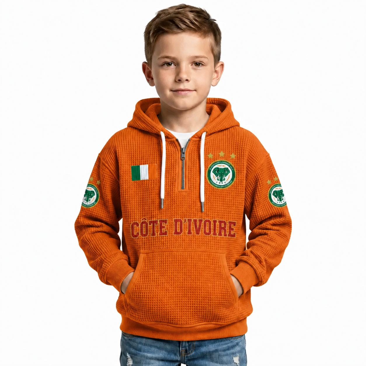 Côte d'Ivoire Printed Waffle Quarter Zip Football Fan Hoodie For Kids