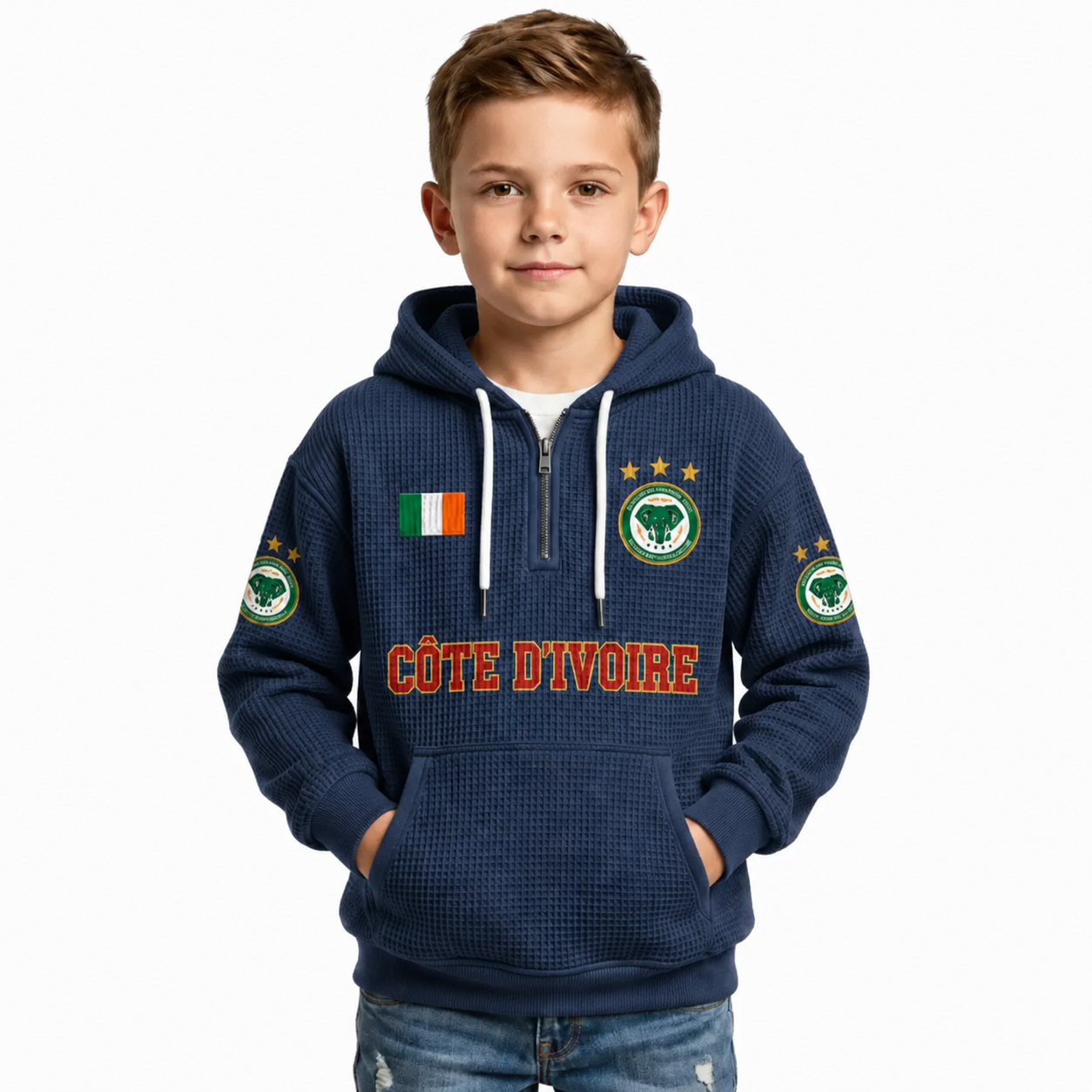 Côte d'Ivoire Printed Waffle Quarter Zip Football Fan Hoodie For Kids