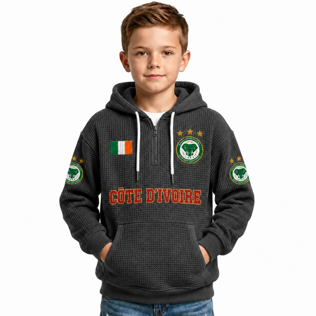 Côte d'Ivoire Printed Waffle Quarter Zip Football Fan Hoodie For Kids