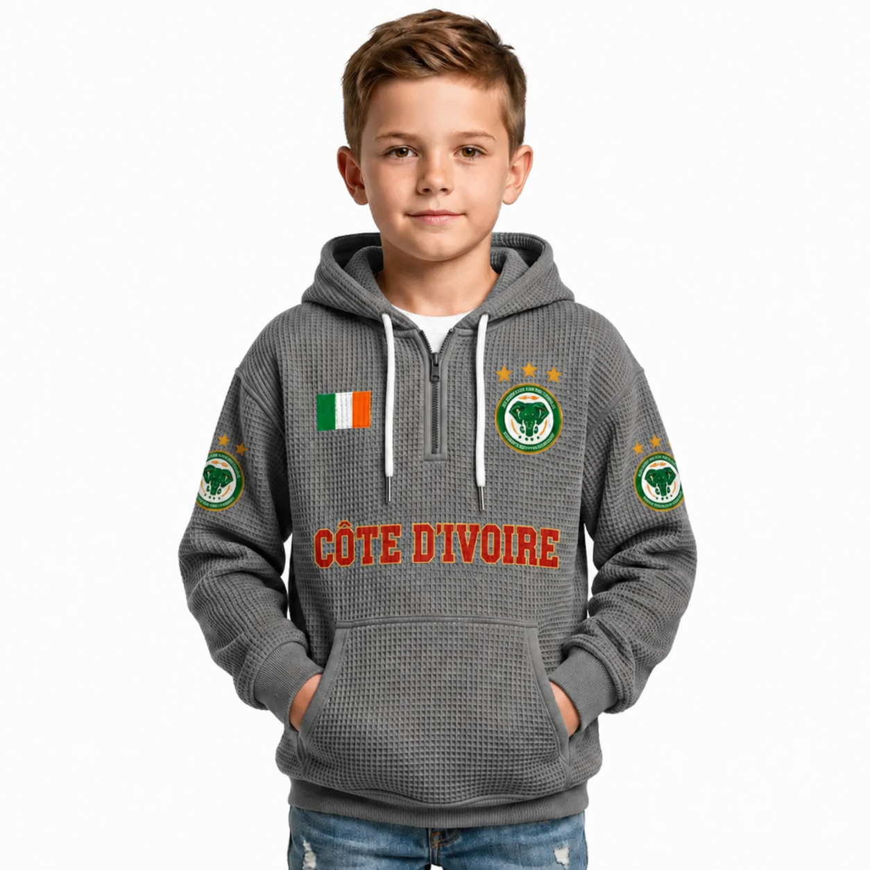 Côte d'Ivoire Printed Waffle Quarter Zip Football Fan Hoodie For Kids