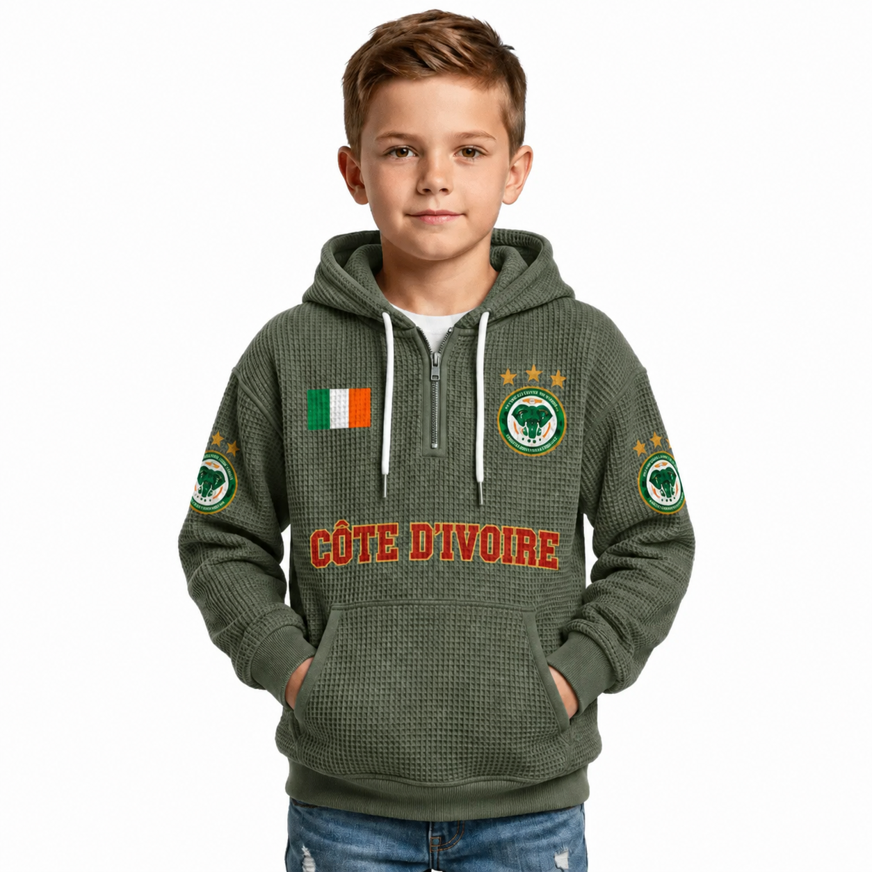 Côte d'Ivoire Printed Waffle Quarter Zip Football Fan Hoodie For Kids