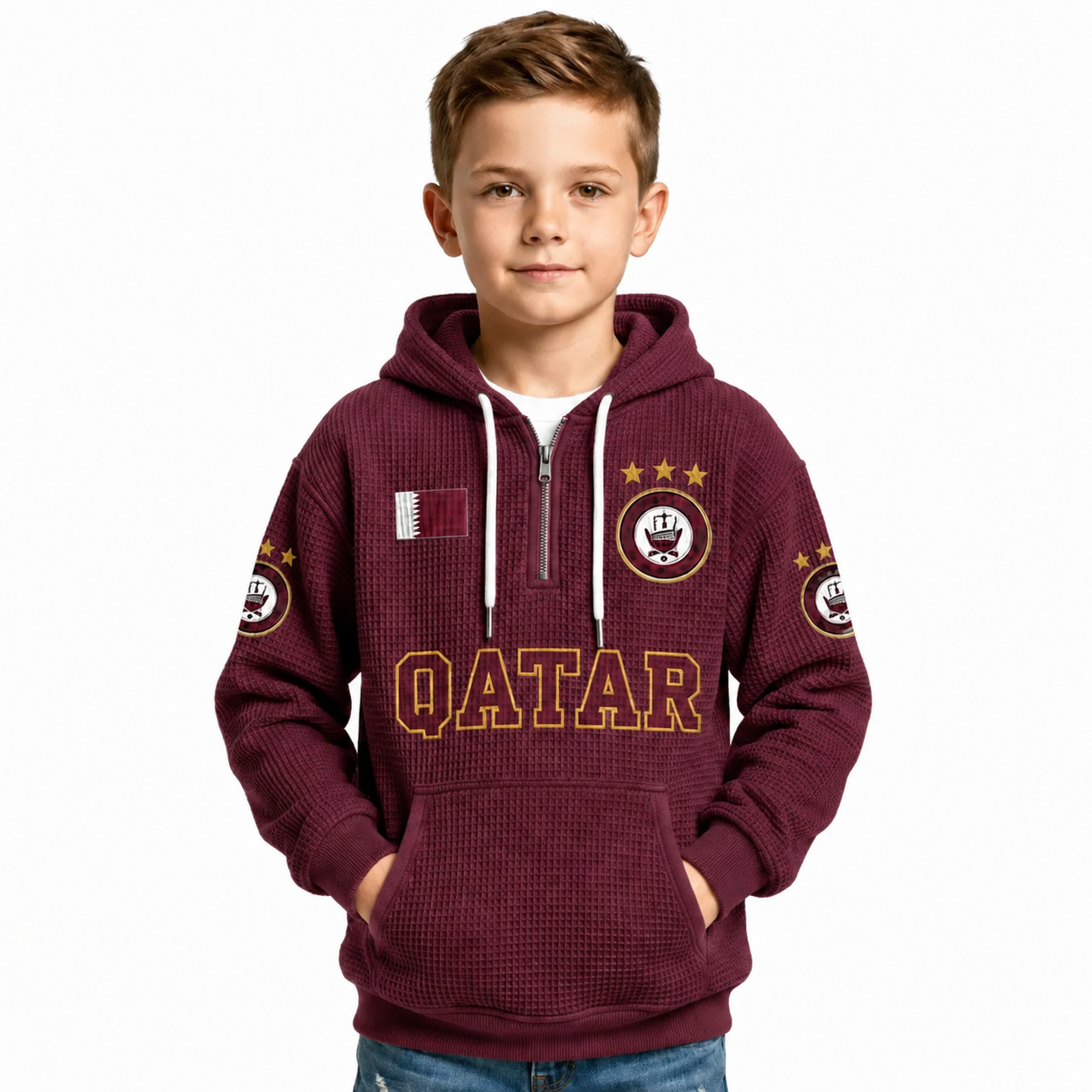 Qatar Printed Waffle Quarter Zip Football Fan Hoodie For Kids