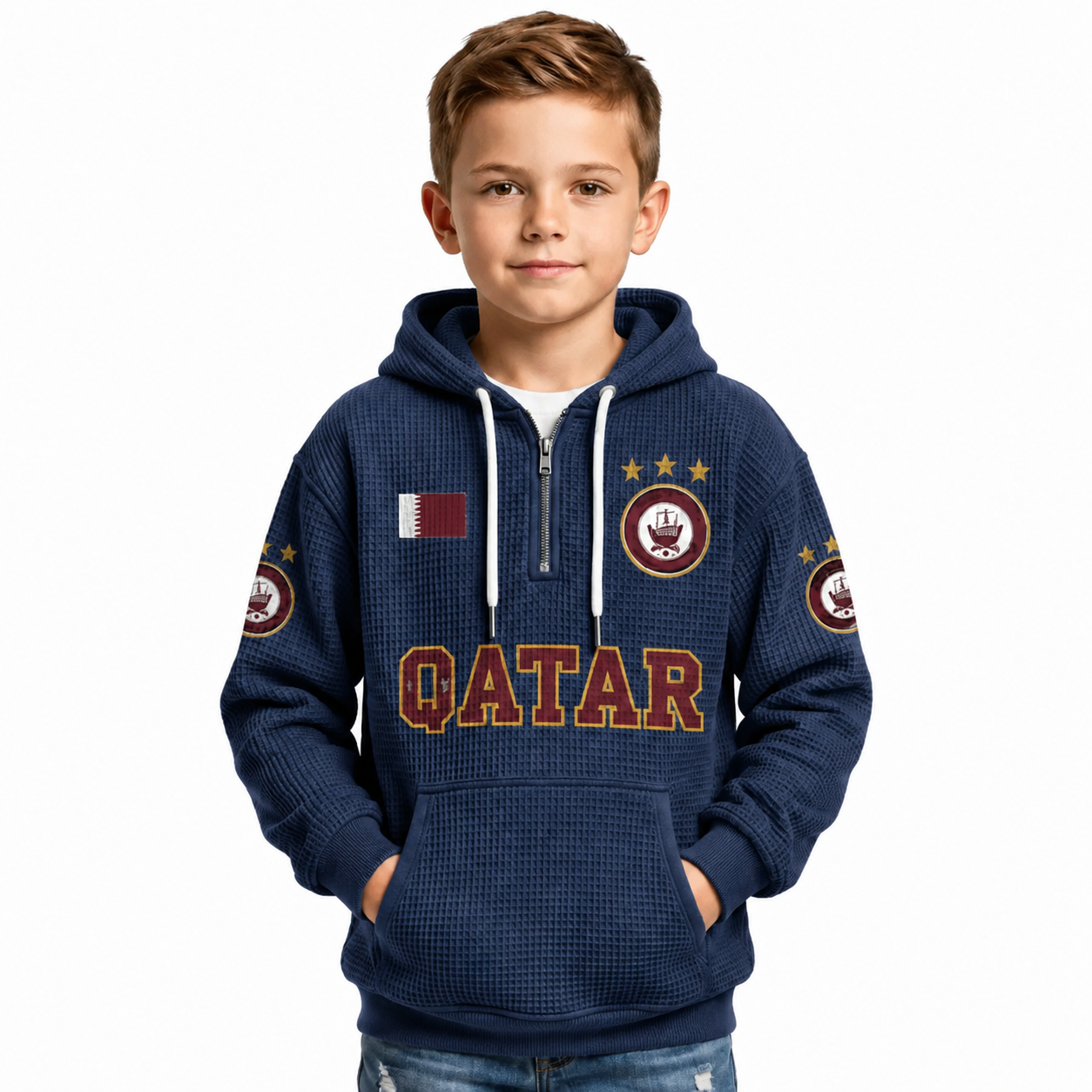 Qatar Printed Waffle Quarter Zip Football Fan Hoodie For Kids