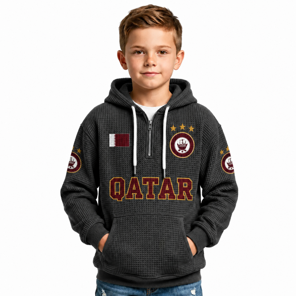 Qatar Printed Waffle Quarter Zip Football Fan Hoodie For Kids