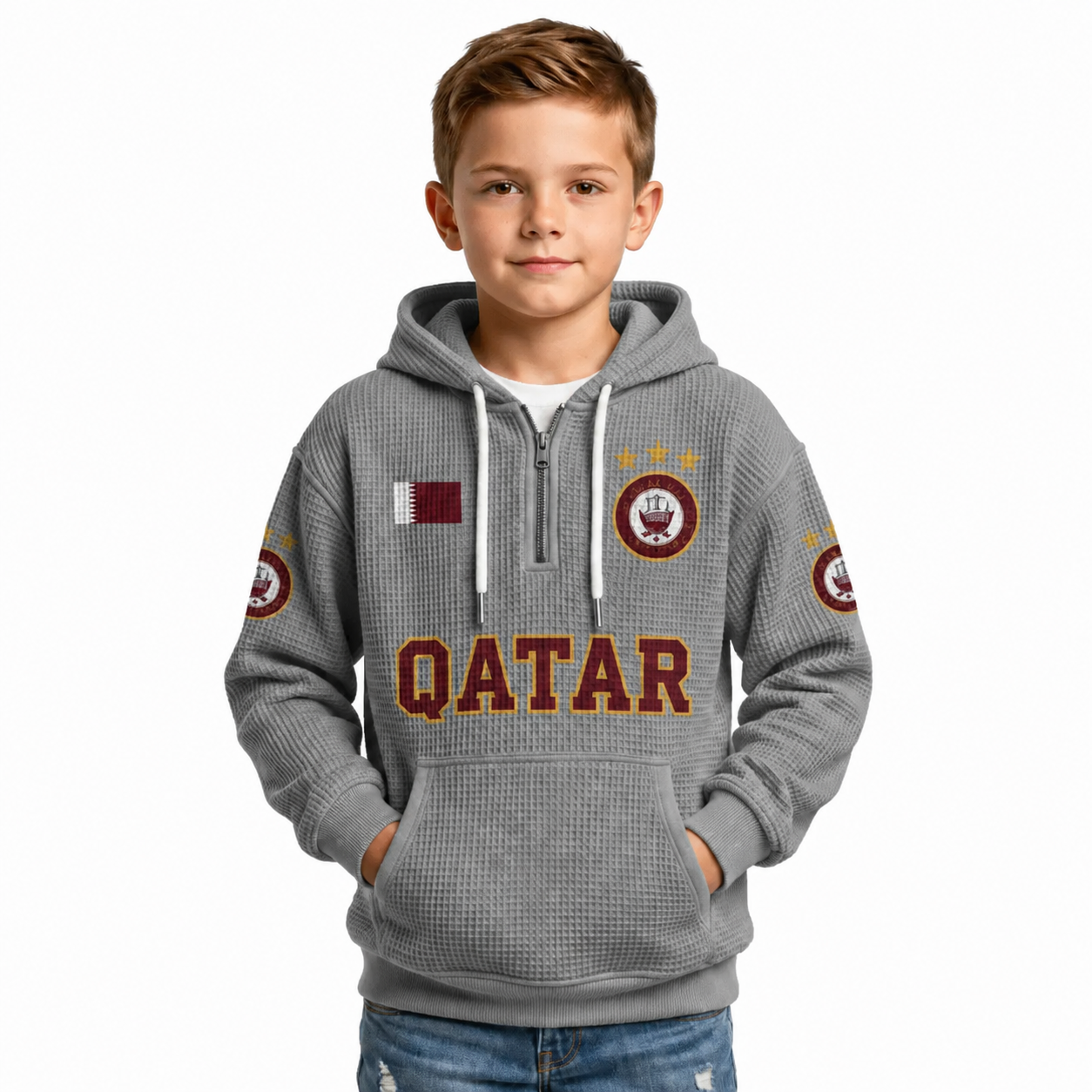 Qatar Printed Waffle Quarter Zip Football Fan Hoodie For Kids