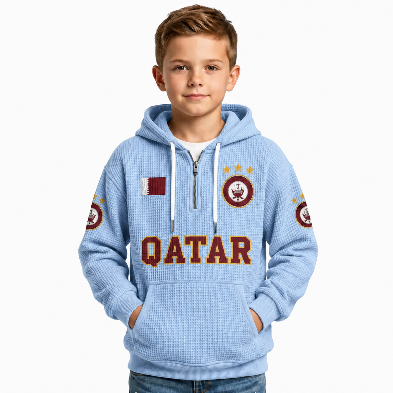 Qatar Printed Waffle Quarter Zip Football Fan Hoodie For Kids