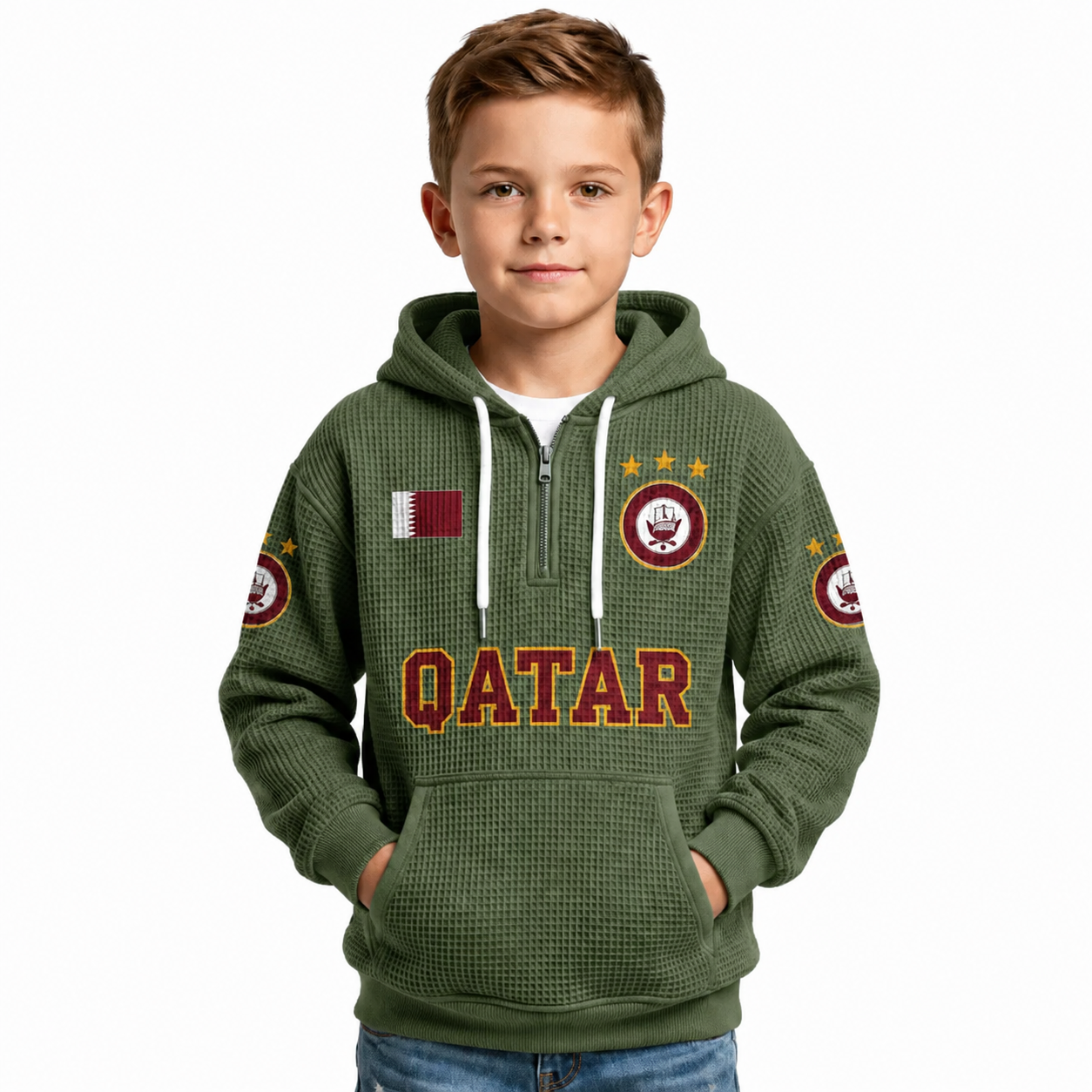 Qatar Printed Waffle Quarter Zip Football Fan Hoodie For Kids