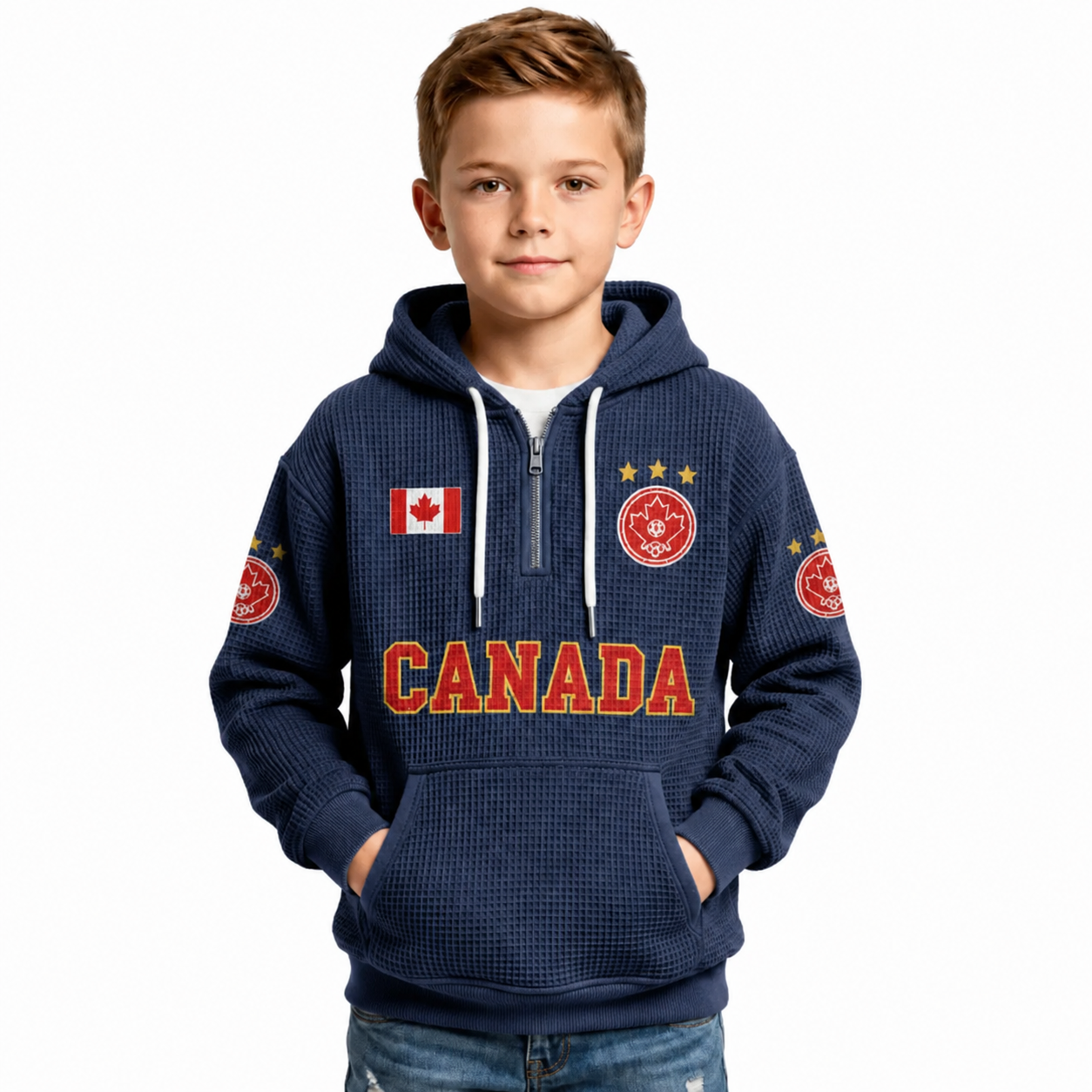 Canada Printed Waffle Quarter Zip Football Fan Hoodie For Kids