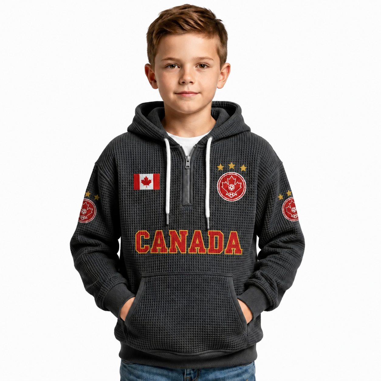 Canada Printed Waffle Quarter Zip Football Fan Hoodie For Kids