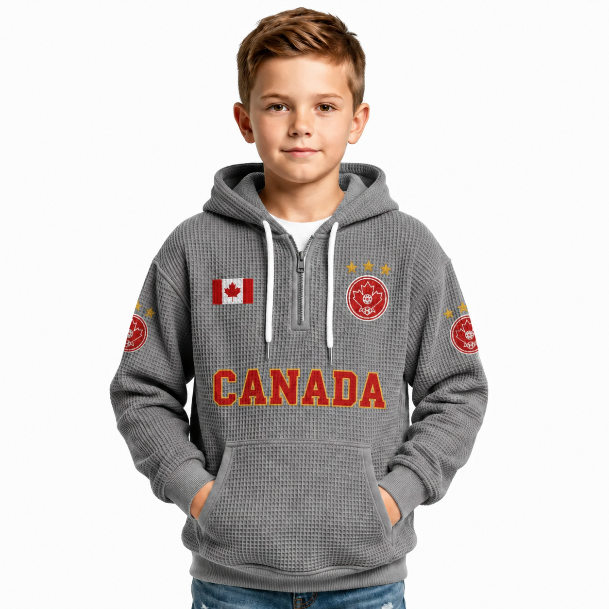 Canada Printed Waffle Quarter Zip Football Fan Hoodie For Kids