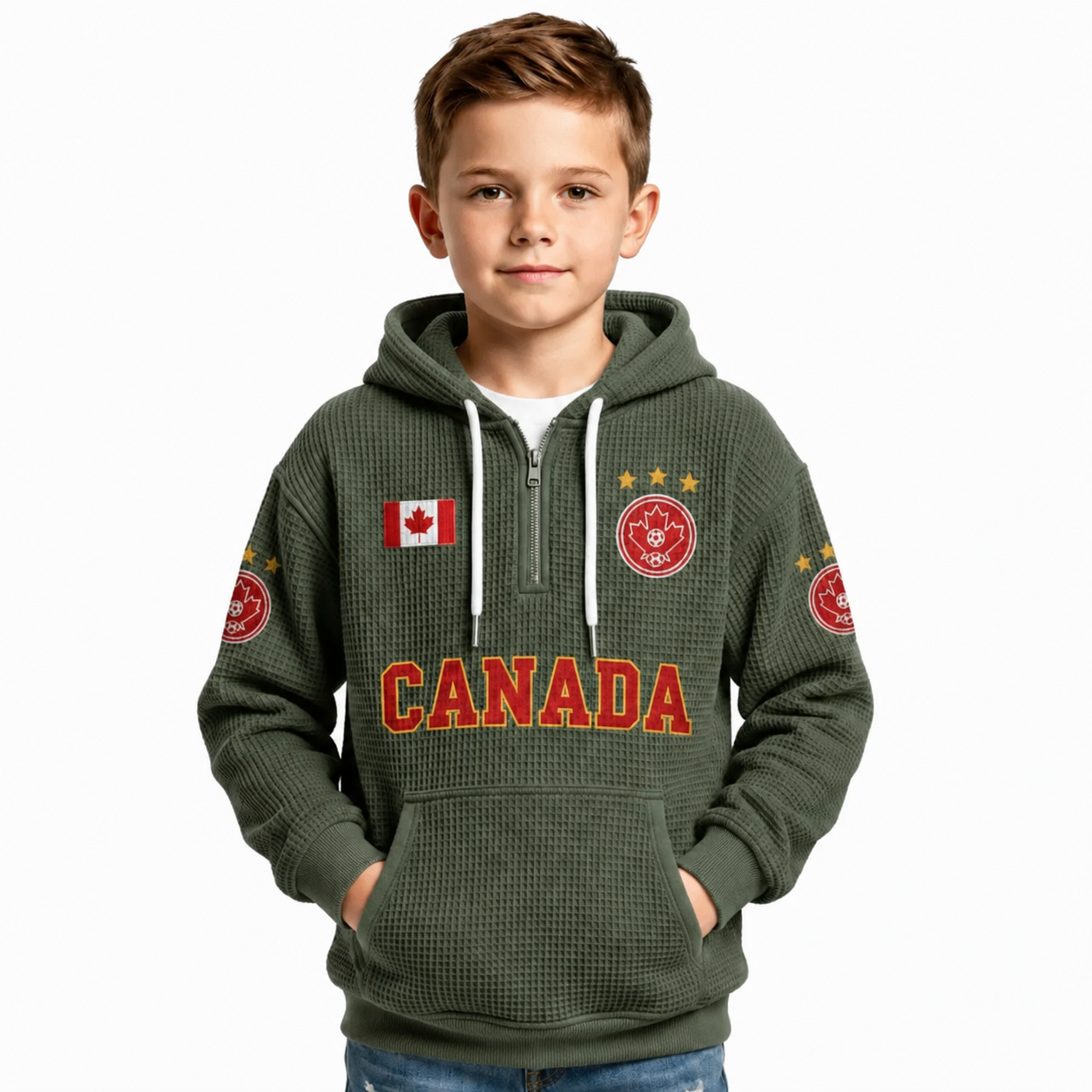 Canada Printed Waffle Quarter Zip Football Fan Hoodie For Kids