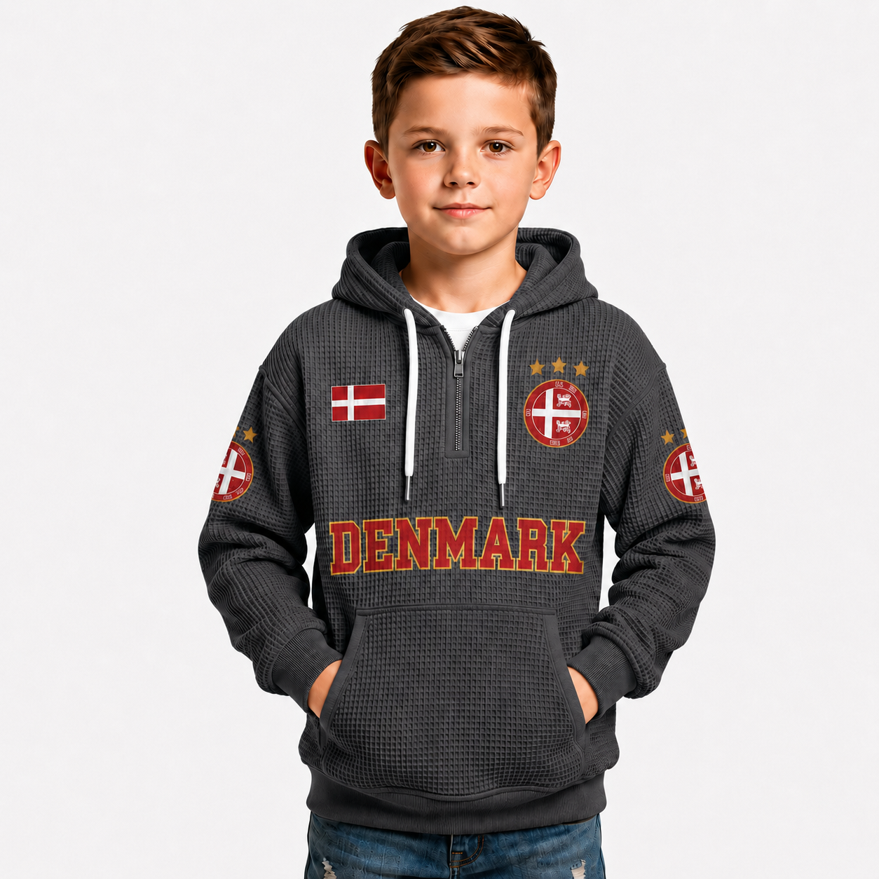 Denmark Printed Waffle Quarter Zip Football Fan Hoodie For Kids