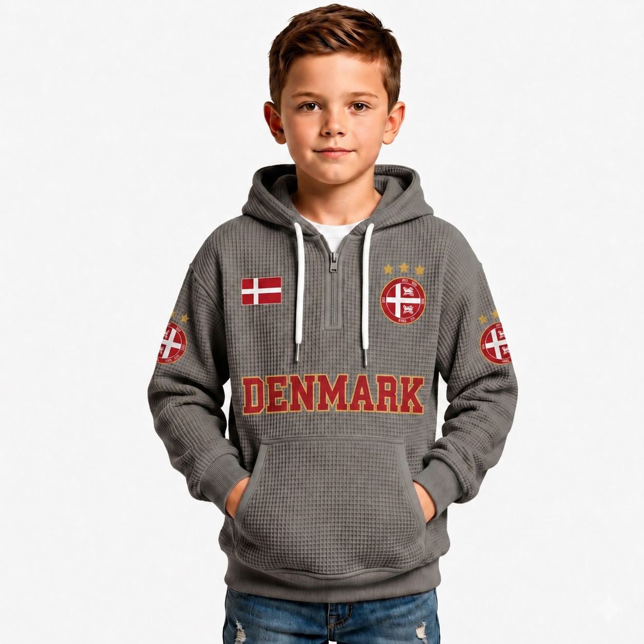 Denmark Printed Waffle Quarter Zip Football Fan Hoodie For Kids