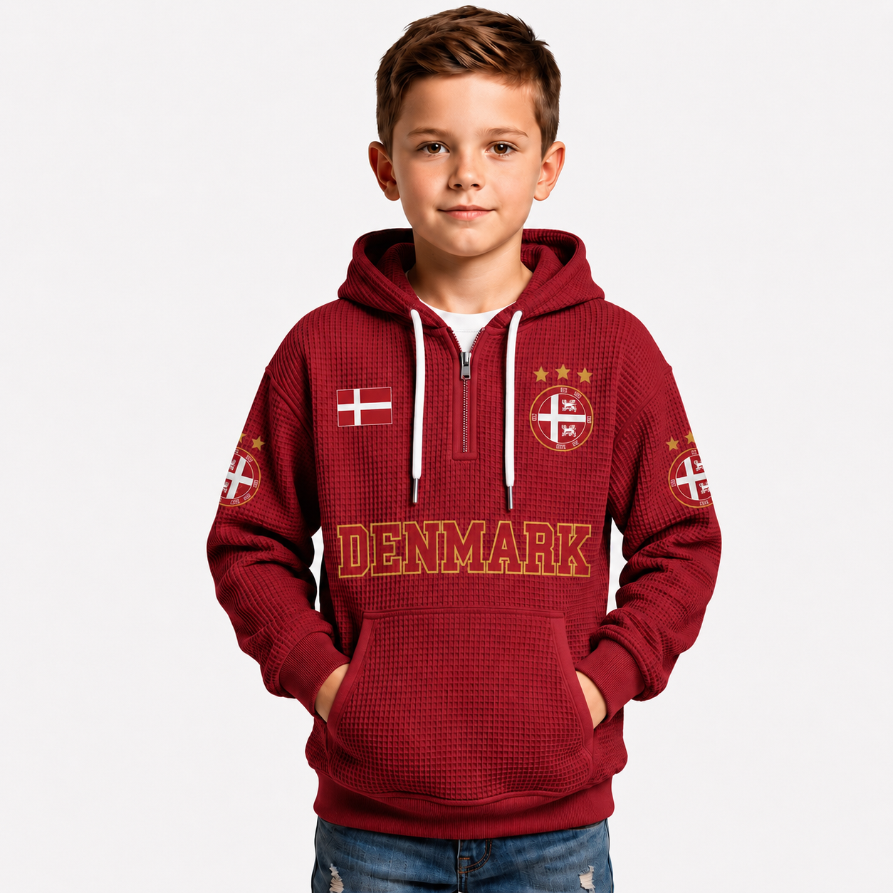 Denmark Printed Waffle Quarter Zip Football Fan Hoodie For Kids