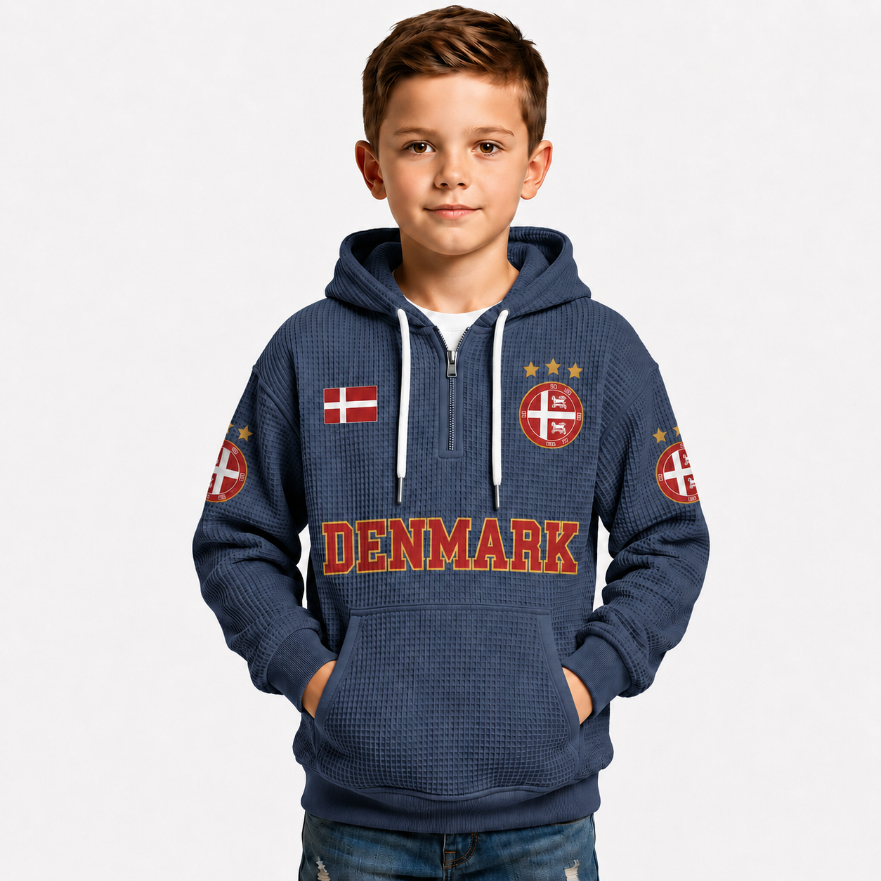 Denmark Printed Waffle Quarter Zip Football Fan Hoodie For Kids
