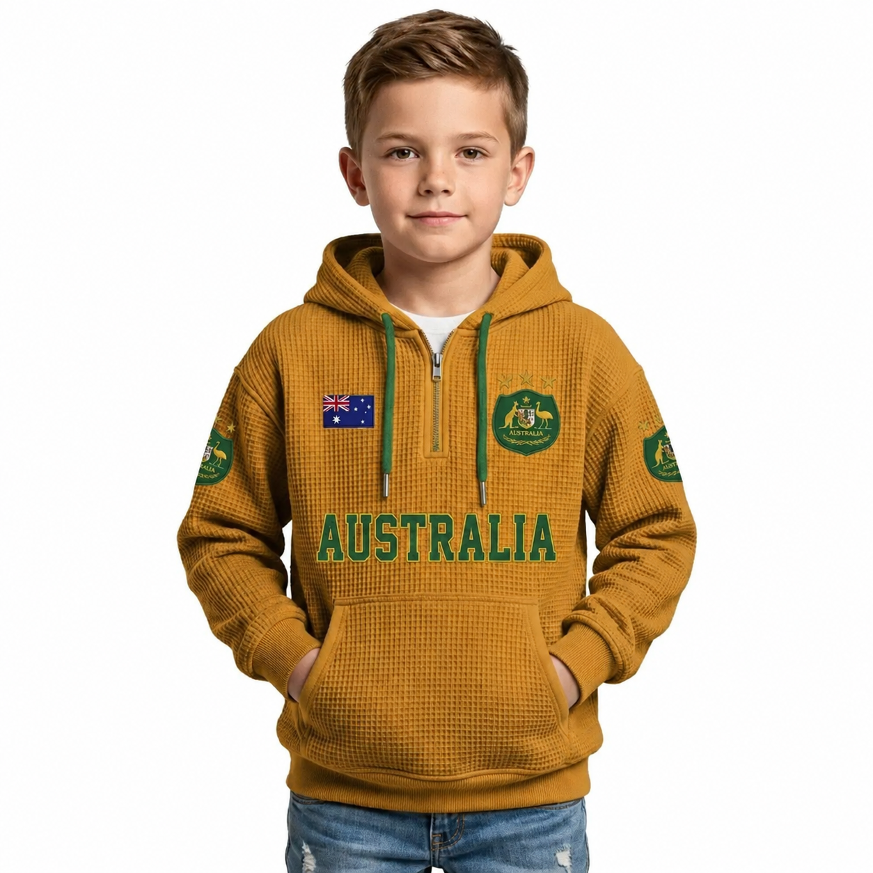 Australia Printed Waffle Quarter Zip Football Fan Hoodie For Kids