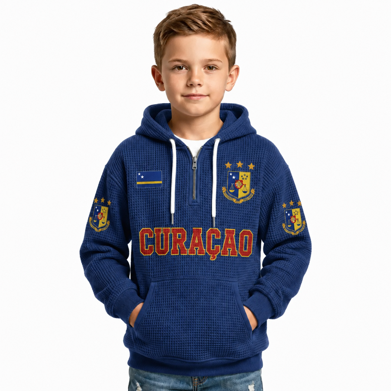 Curacao Printed Waffle Quarter Zip Football Fan Hoodie For Kids