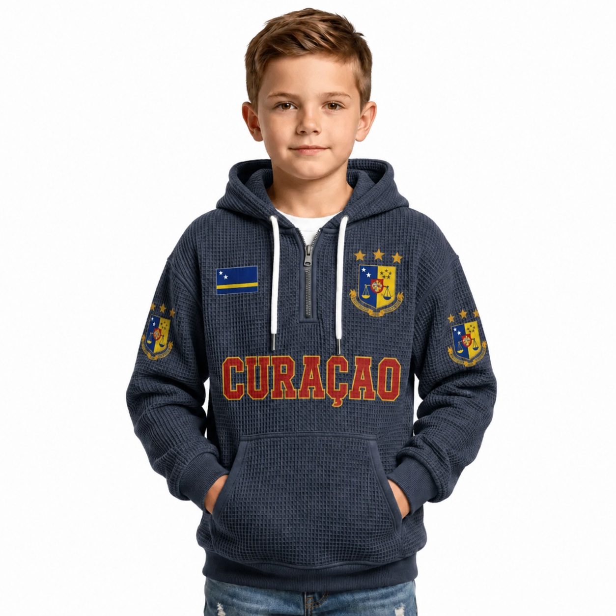 Curacao Printed Waffle Quarter Zip Football Fan Hoodie For Kids