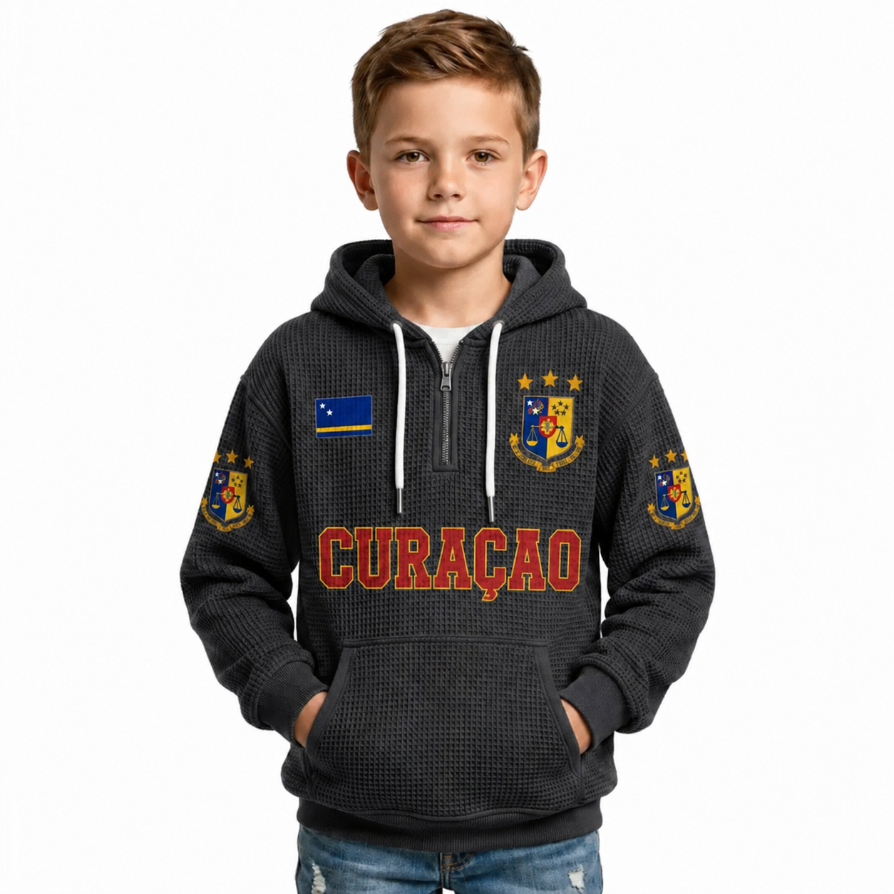 Curacao Printed Waffle Quarter Zip Football Fan Hoodie For Kids